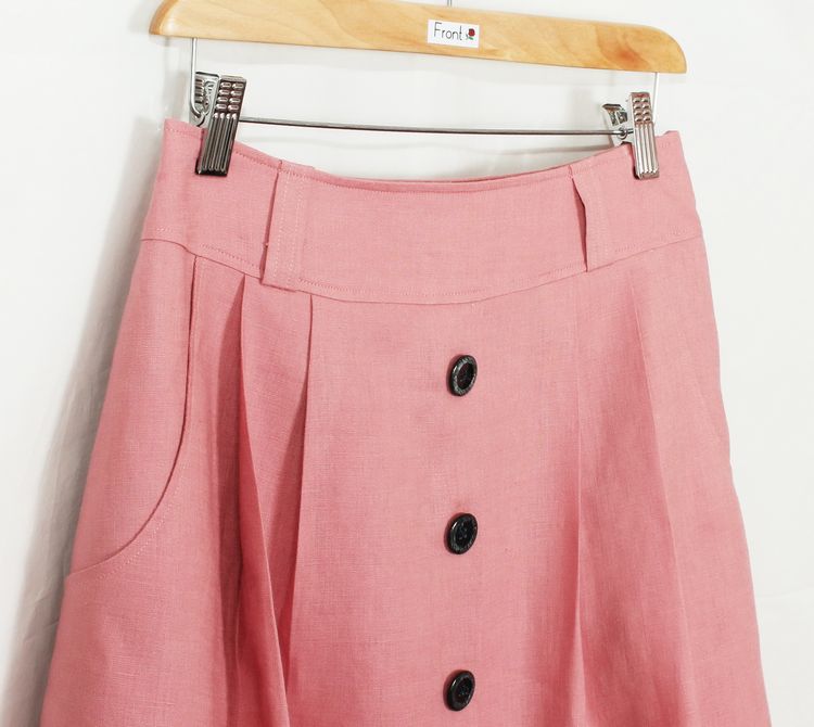 SK-192 กระโปรงแฟชั่น&ทำงาน ทรงบานผ้าลินินญี่ปุ่นสีชมพูพาสเทล มีกระเป๋าล้วงได้ 2 ข้าง