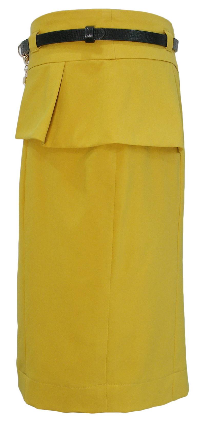 SK-062 กระโปรงทรงสอบ ผ้าไหมอิตาลีสีเหลืองมาสตาท แต่งขอบเอวด้านหน้า