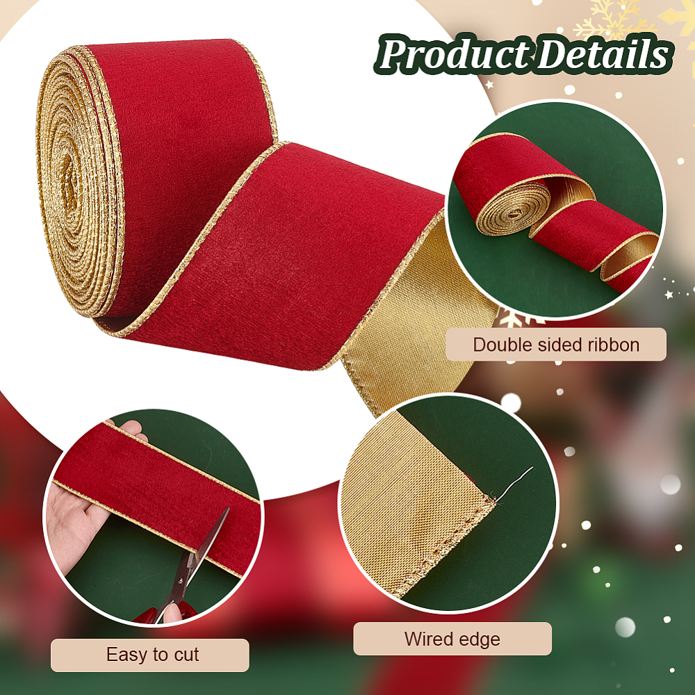 ริบบิ้นผากำมะหยี่ สีแดง หน้าเดียว ขอบลวดดัด หน้ากว้าง 2-1/2 inch(63mm) ม้วนยาว 10 หลา สำหรับทำโบว์ ห่อของขวัญ ตกแต่งงานปาร์ตี้