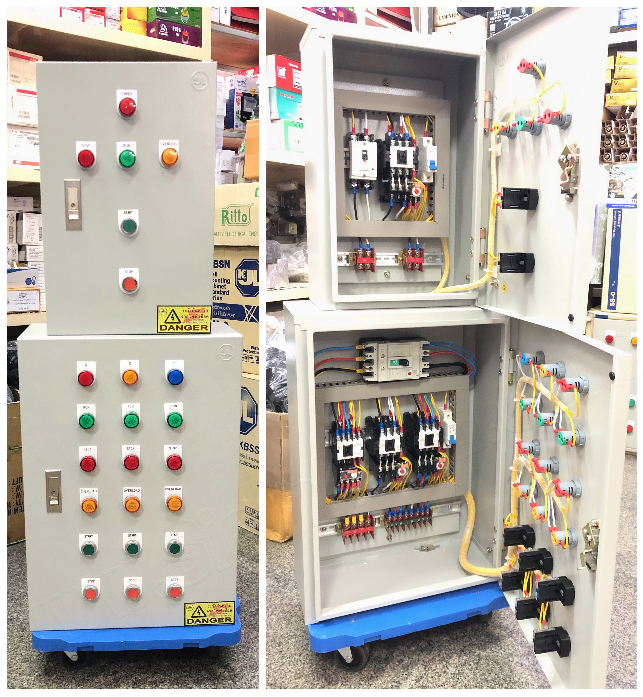 ตู้ควบคุมมอเตอร์ Start Stop สตาร์ท สต๊อป, ชุดเมนเบรคเกอร์ 2P 30A, 3P 50A, (อุปกรณ์ไฟฟ้า WALL MOUNTING CABINET (KJL), LED Pilot Lamp (ZT), Control Switch (TEND), MCCB (MITSUBISHI), MCB (DGYUCH), MAGNETIC CONTRACTOR (HITACHI)