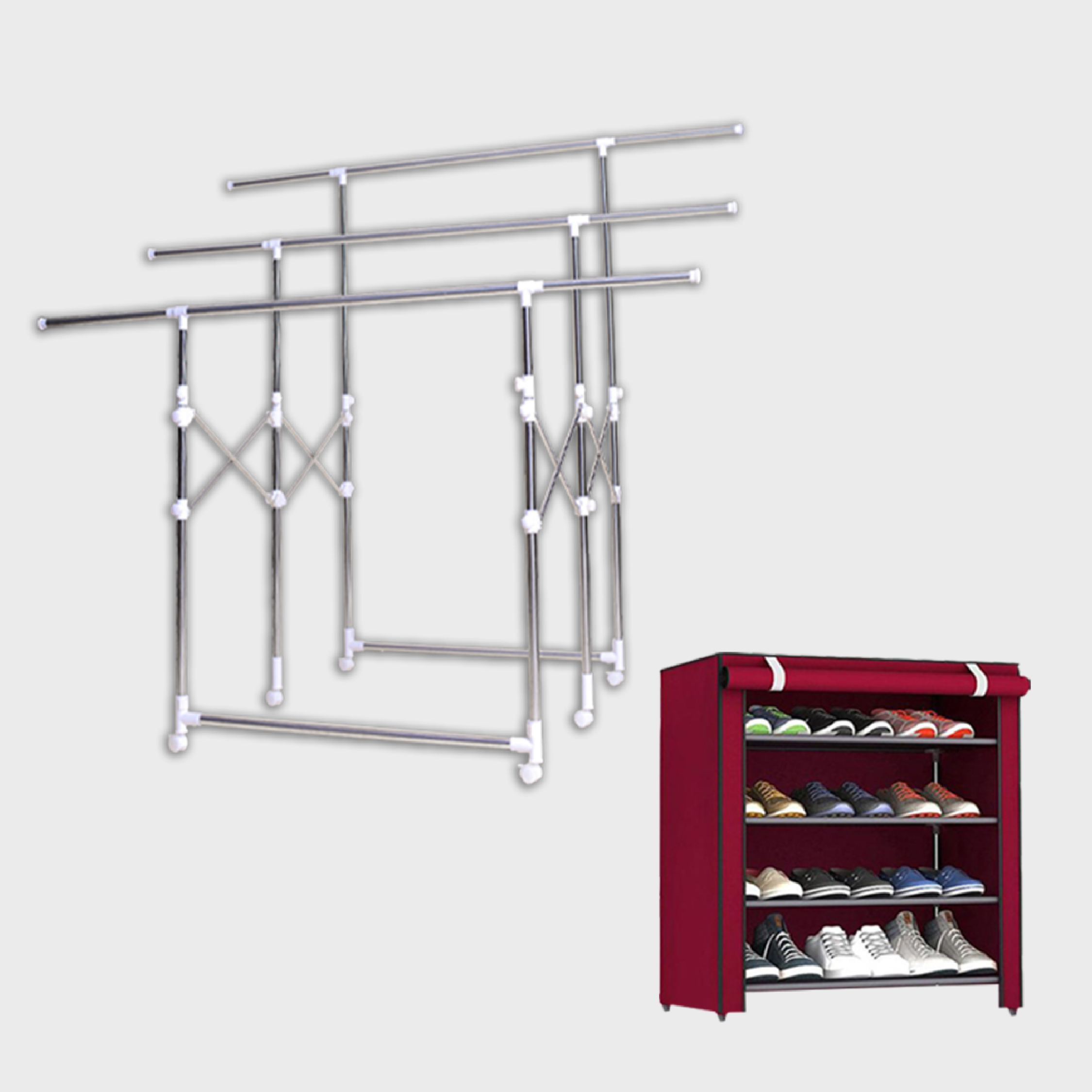 ราวตากผ้าสเตนเลส 6ล้อ ยืด หด ได้ เคลื่อนย้ายสะดวก SUPER RACK + shoe cabinet