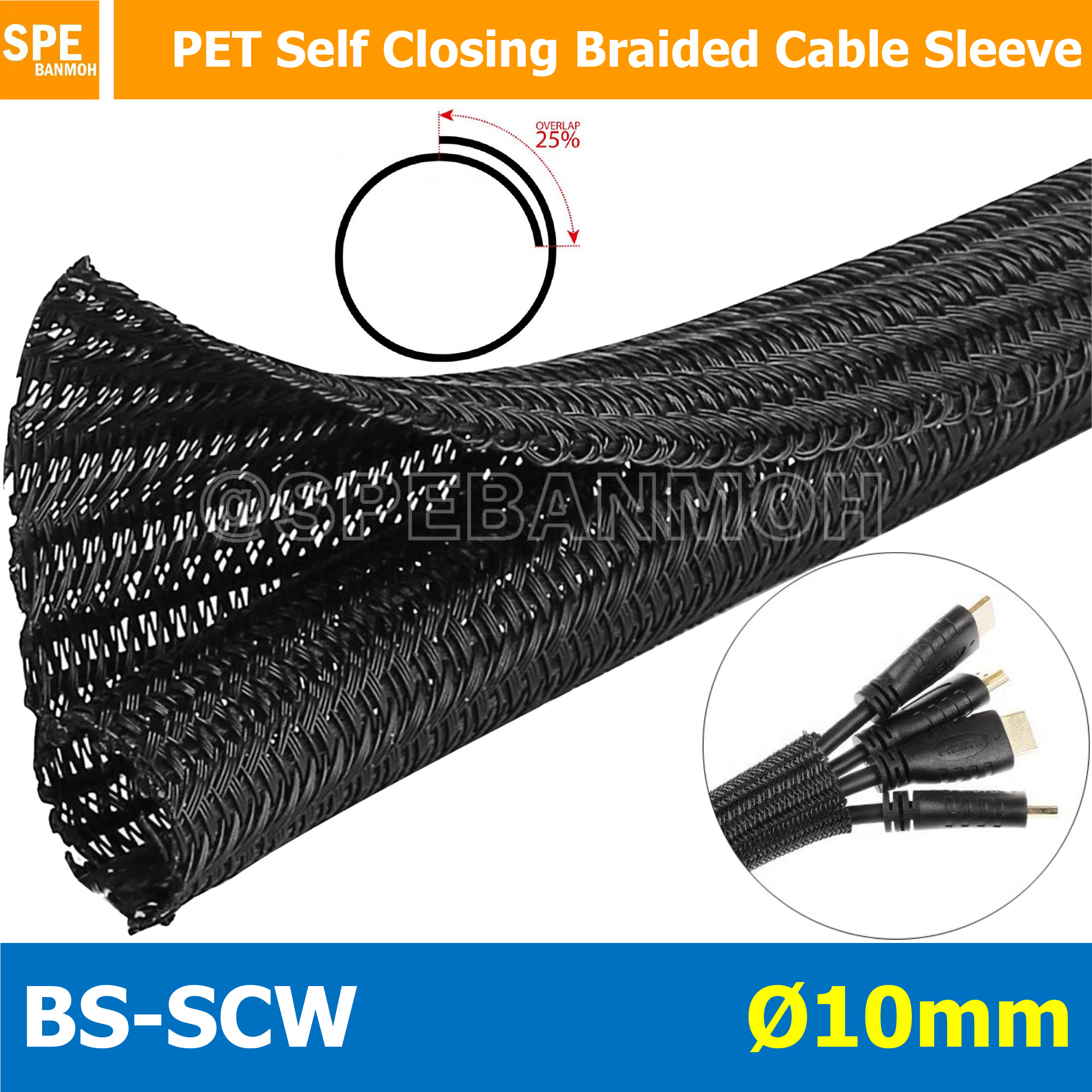[ 1 เมตร ] BS-SCW I.D = 10 mm. สายถักหุ้มสายไฟ แบบผ่า หนังงูหุ้มสายไฟแบบผ่า Self Closing Braided Cable Sleeve หนังงูผ่ากลาง สายถักผ่ากลาง Cable Sleeving หุ้มสายไฟ หนังงูหุ้มสายไฟ ปลอกหุ้มสายไฟแบบถัก สายถักหุ้มสายไฟ สายถักไนล่อน Split PET Cable Sleeving