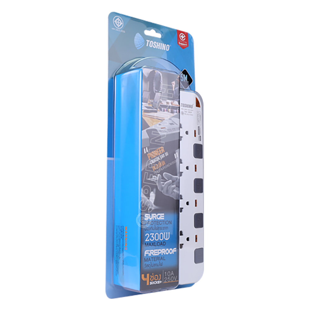 P4310-10M ปลั๊กพ่วง Toshino รางปลั๊กไฟ P Series รุ่น P4310 ยาว 10 เมตร 3x1.0 sq.mm 4ช่อง 4สวิตซ์ 10เมตร 250V 10A 2500W ระบบ Surge Protection ป้องกันไฟกระชาก Circuit Breaker ป้องกันไฟเกิน ผลิตจากวัสดุไม่ลามไฟ ม่านนิรภัย ป้องกันนิ้วมือสัมผัสทองเหลืองด้านใน