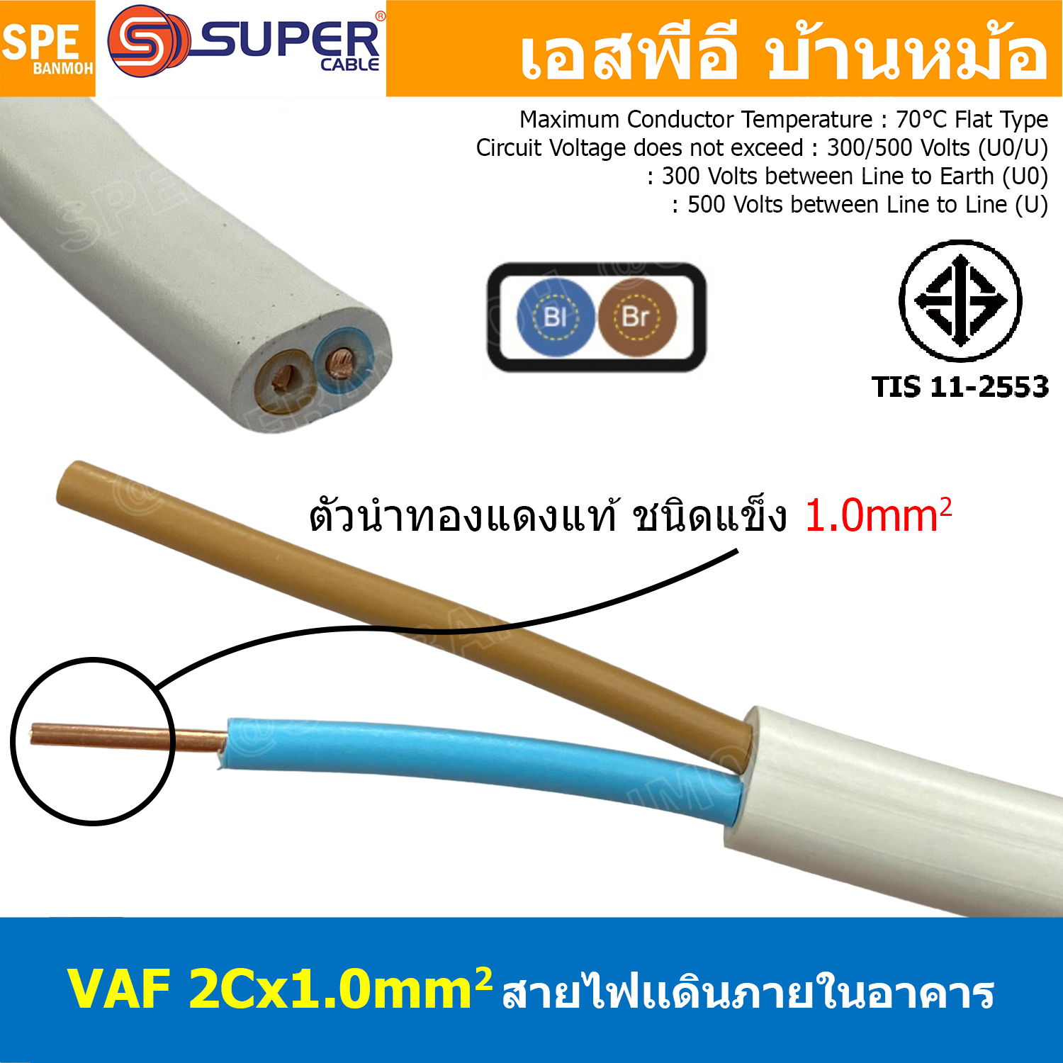 [ 3 เมตร ] สายไฟบ้าน VAF 2Cx1.0 sq.mm. ฉนวนสองชั้น ชนิดแกนเดี่ยว เดินไฟในบ้าน สายไฟแข็ง 3 แกน 2x1.0 สีขาว แบน เมนเต้ารับไฟบ้าน ติดผนัง สายไฟเดินปลั๊ก มีกราวด์ สำหรับตีกิ๊บ ทองแดงแท้ TIS 11-2553 มาตรฐาน มอก. 300/500V 70°C