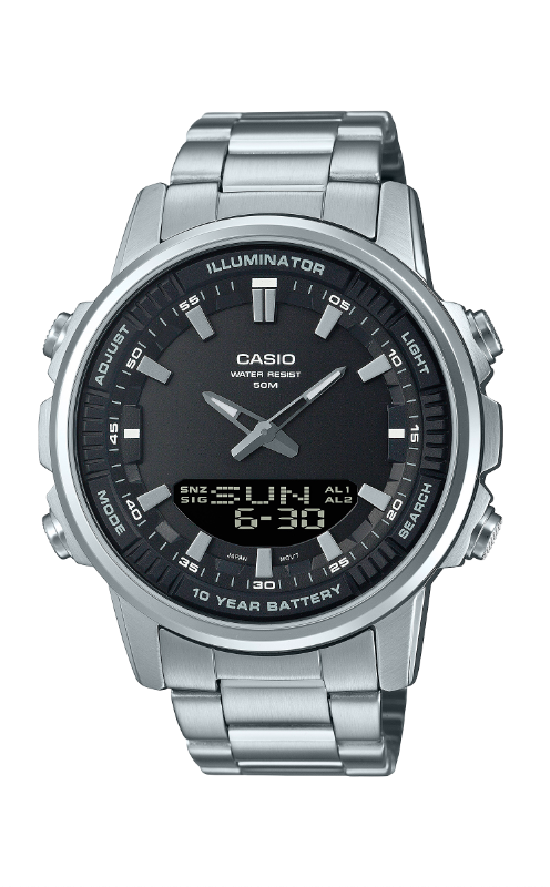 CASIO รุ่น AMW-880D-1AVDF กรอบสีเงิน สายสเเตนเลส สีเงิน สินค้าใหม่ ของเเท้ รับประกันศูนย์ CMG 1 ปี