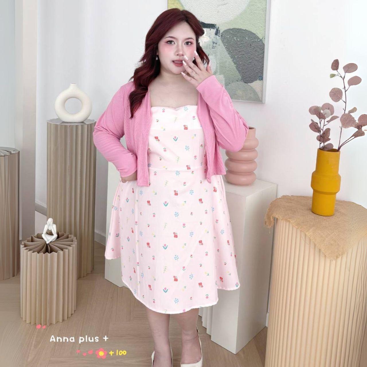 A251 เดรสสาวอวบ มาพร้อมเสื้อคลุม เสื้อคลุมเลือกสีได้ตามชอบ ชมพู ขาว เดรสอกได้ถึง40-50 หน้าผ้า52