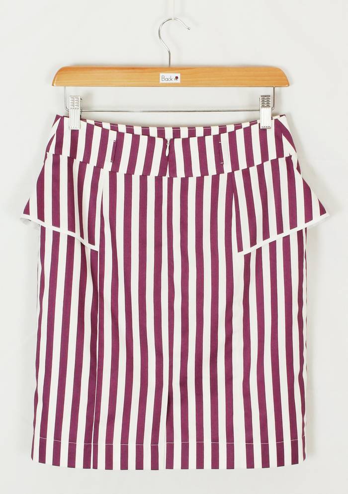 SK-224 กระโปรงแฟชั่น&ทำงาน ทรงสอบแต่งระบาย ผ้าคอตตอนสีม่วงพื้นขาว พิมพ์ลายทาง