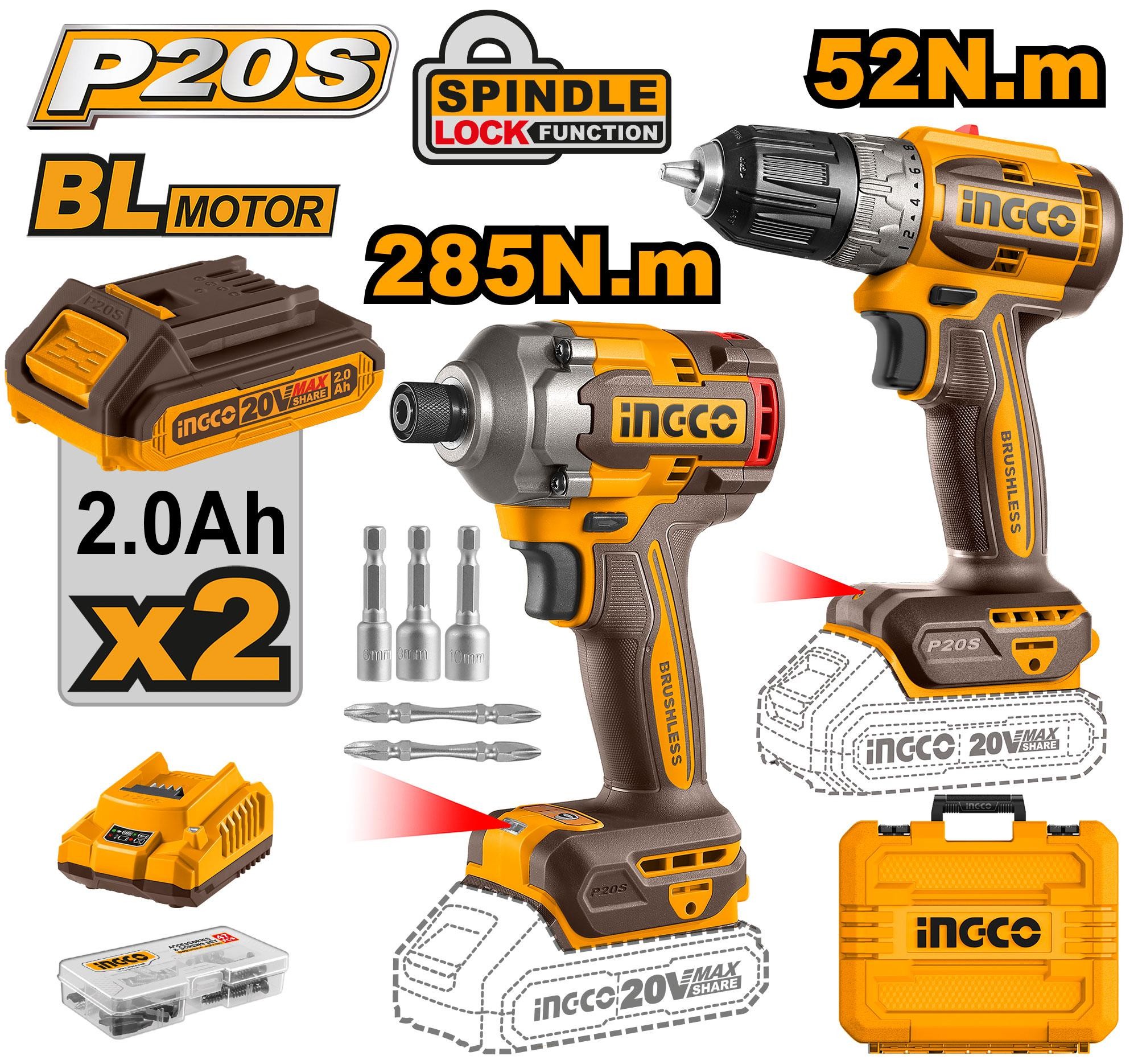 INGCO Combo Set 20V-BL (สว่านไร้สาย CDLI20453 + CIRLI2028 ไขควงไร้สาย) รุ่น CKLI20272