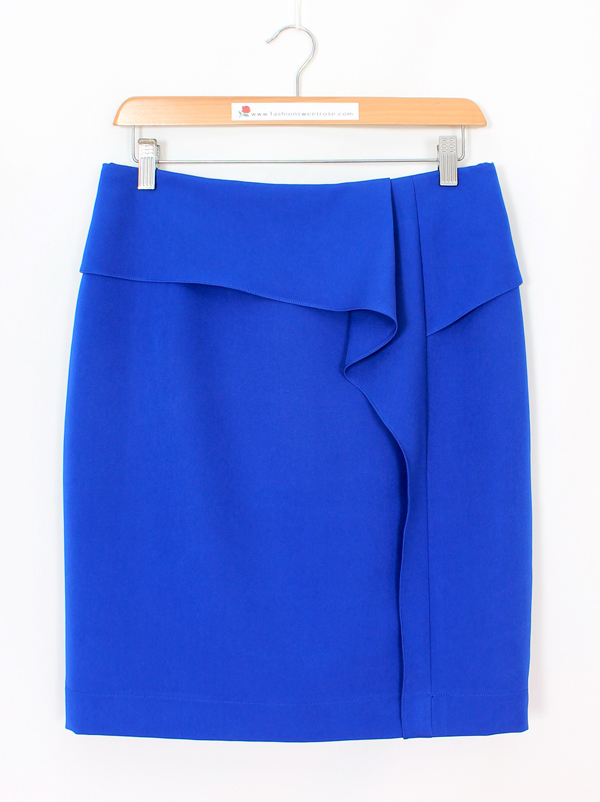 กระโปรงทรงสอบ แต่งระบายด้านหน้า ผ้า Double Twist สีน้ำเงิน / SK-484