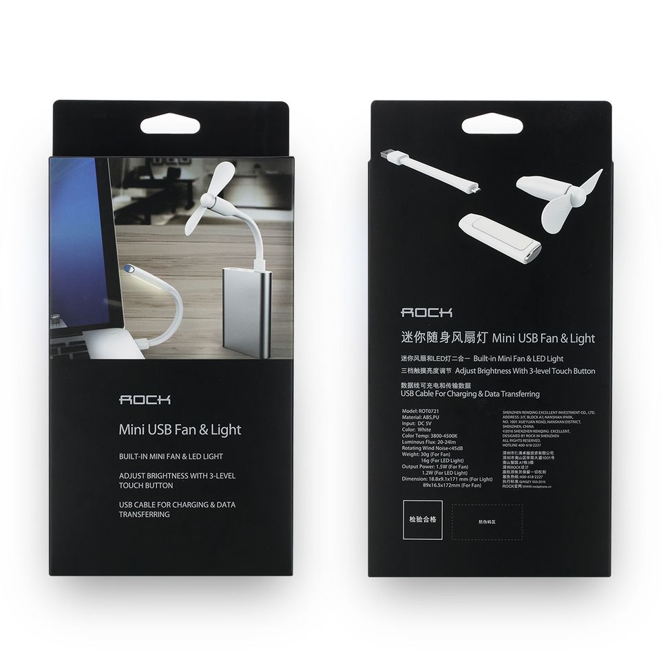 Rock Space Mini USB fan & Light White BUILT-IN MINI FAN &LED LIGHT รับประกัน 1 เดือน