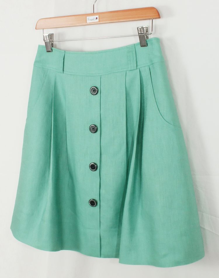 SK-193 กระโปรงแฟชั่น&ทำงาน ทรงบาน ผ้าลินินญี่ปุ่นสีเขียวพาสเทล มีกระเป๋าล้วงได้ 2 ข้าง