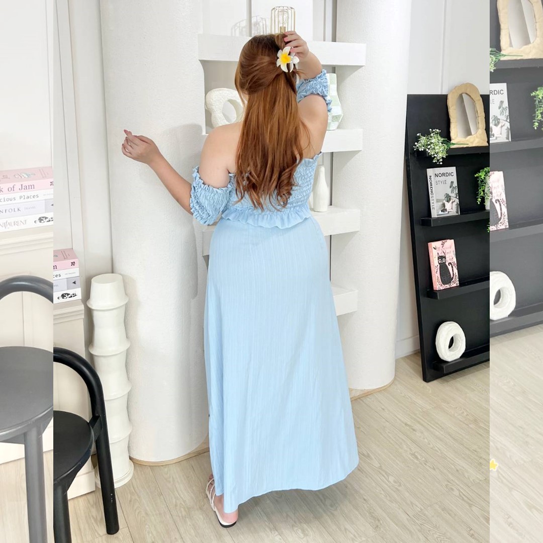 A145 ชุดเซ็ท สาวอวบ plus size งาน3ชิ้น เสื้อเกาะอก กระโปรง ผ้าผูกอกหรือผูกผม ขาว ดำ ฟ้า น้ำตาล อก40-50 นิ้ว