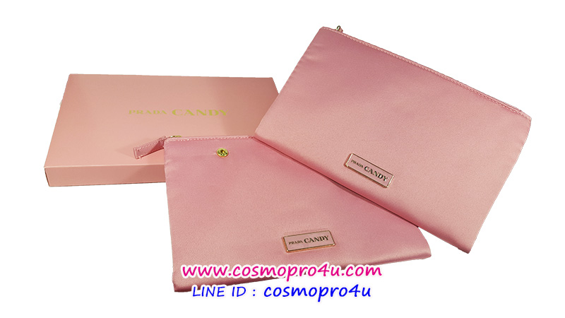 กระเป๋าผ้าไหมสีชมพู PRADA CANDY พราด้าแคนดี้ makeup pouch 2 ใบ แยกกันได้ เนื้อหนานุ่มใส่มือถือกันกระแทกได้ มาพร้อมกล่อง