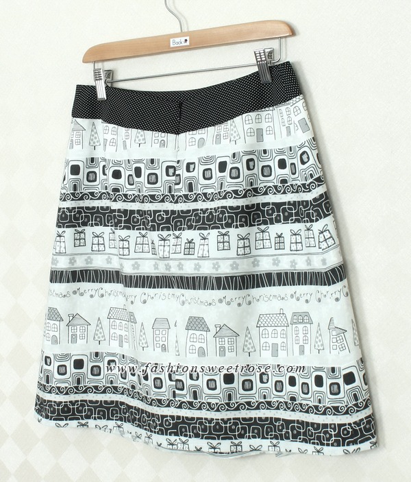 SK-327 กระโปรงแฟชั่น&ทำงาน ทรงบาน ผ้าคอตต้อนญี่ปุ่นพิมพ์ลายกราฟฟิกโทนขาว-ดำ