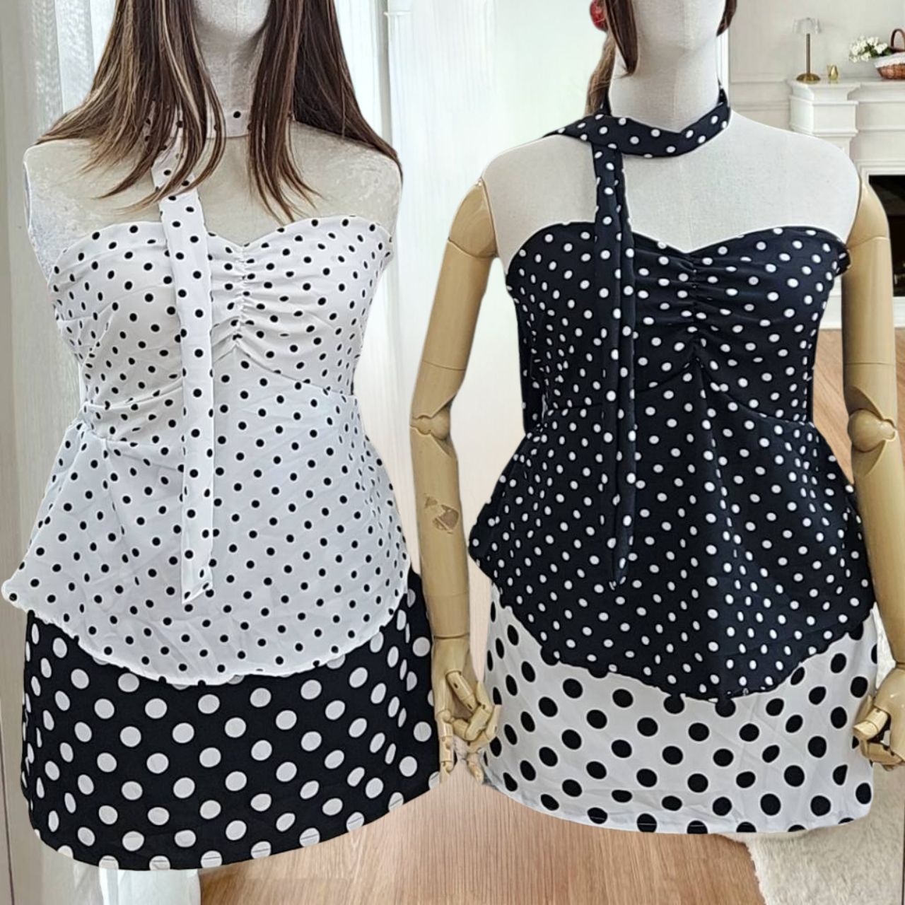 A239 เสื้อเกาะอก สาวอวบ มาพร้อมผ้าพันคอสุดเก๋ กระโปรง มีซับใน รับแยกเฉพาะกระโปรงหรือเสื้อก็ได้ เสื้อขาวกระโปรงดำ เสื้อดำกระโปรงขาว อก42-50 นิ้ว