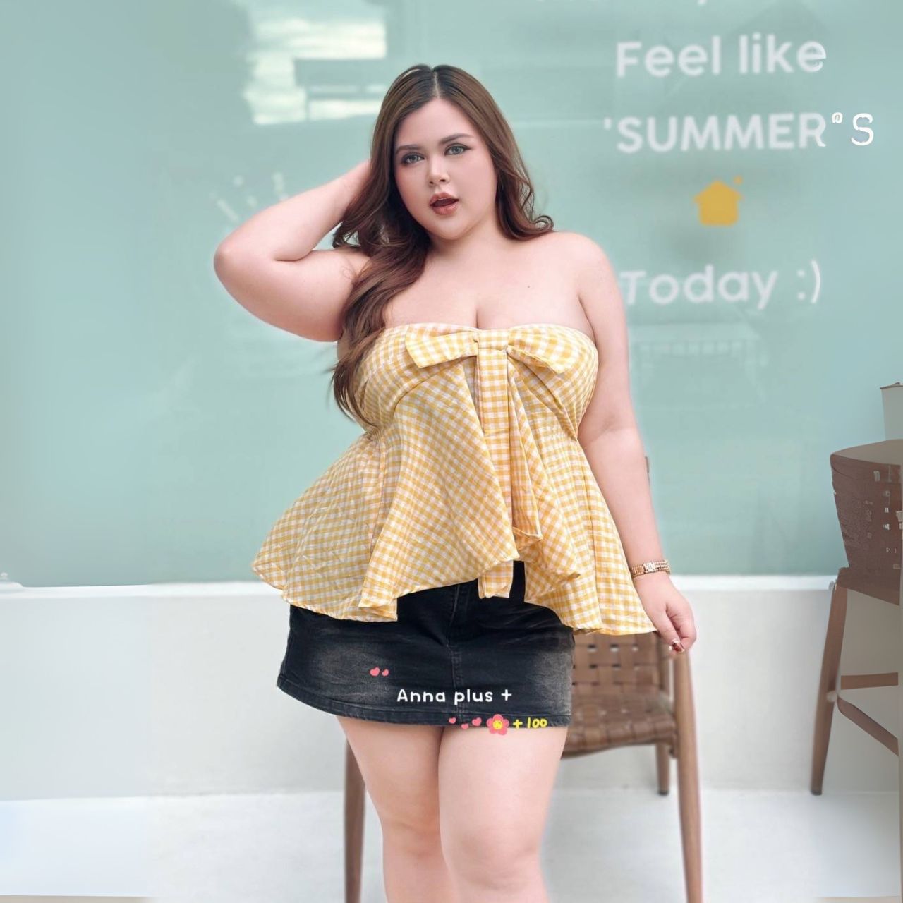 A248 เสื้อเกาะอก สาวอวบ ลายสก็อต แต่งโบว์ช่วงอก อก50นิ้ว หน้าผ้า52นิ้ว แดง ฟ้า เหลือง 40-อก50นิ้ว หน้าผ้า52นิ้ว