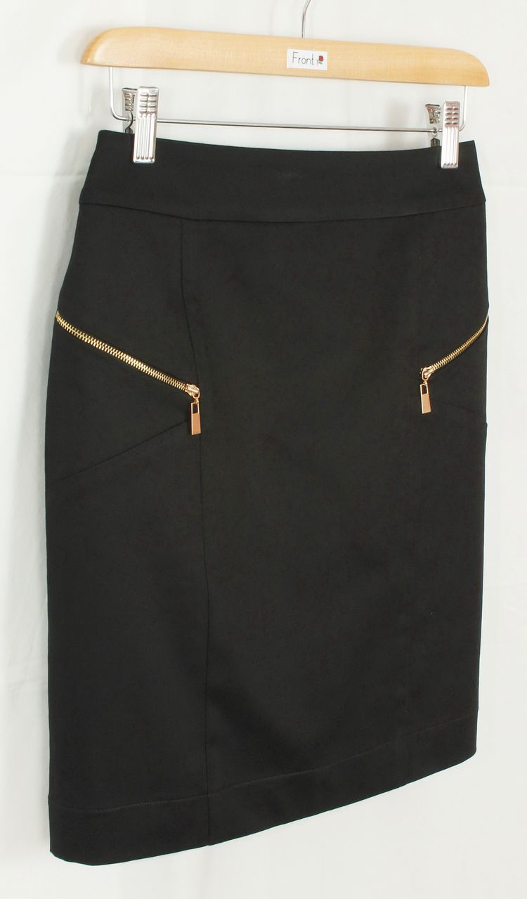 SK-120 กระโปรงแฟชั่น&ทำงาน ทรงสอบแต่งด้วยซิปฟันทอง ผ้าคอตต้อนญี่ปุ่นผสมสเปนเดกสีดำ