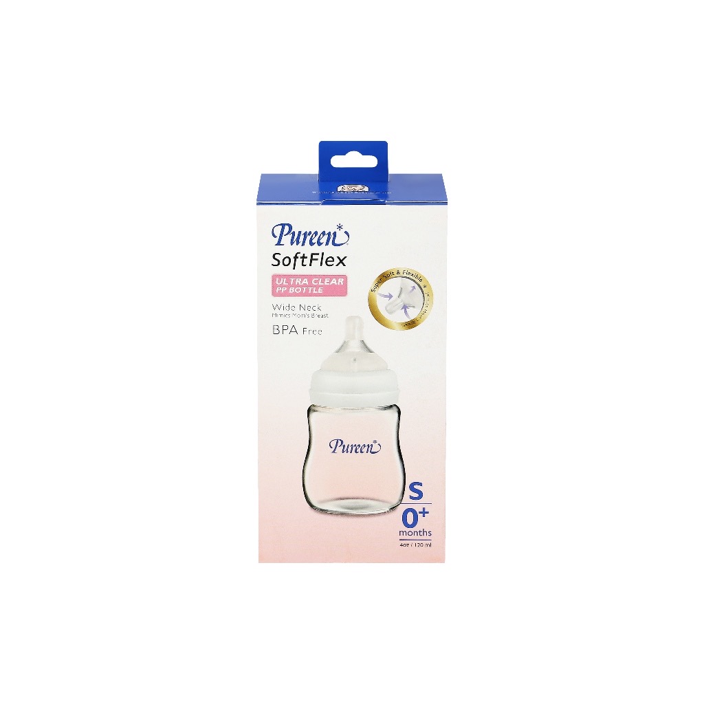 เพียวรีน ขวดนมคอกว้าง ซอฟท์เฟล็กซ์ (Ultra Clear) 4 oz