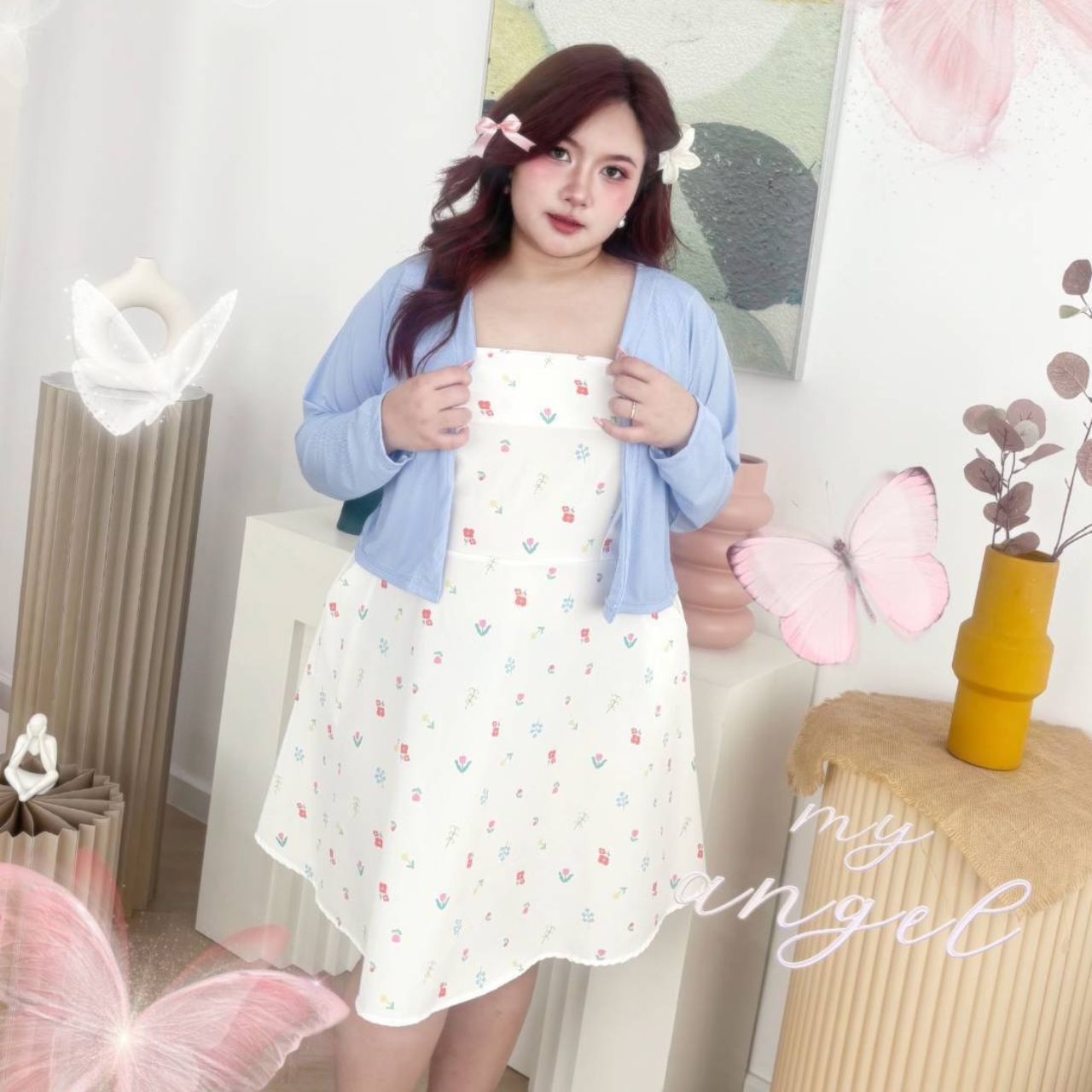 A251 เดรสสาวอวบ มาพร้อมเสื้อคลุม เสื้อคลุมเลือกสีได้ตามชอบ ชมพู ขาว เดรสอกได้ถึง40-50 หน้าผ้า52