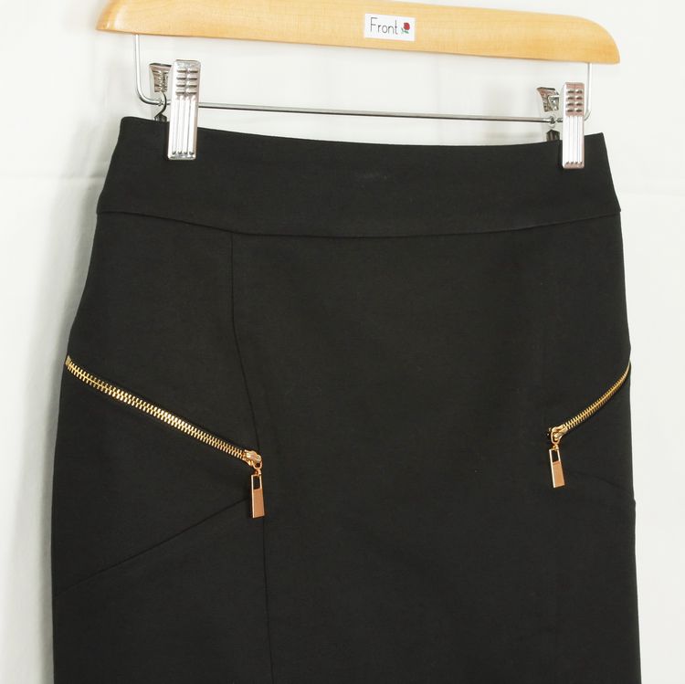 SK-120 กระโปรงแฟชั่น&ทำงาน ทรงสอบแต่งด้วยซิปฟันทอง ผ้าคอตต้อนญี่ปุ่นผสมสเปนเดกสีดำ