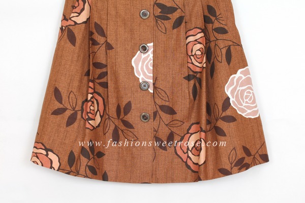 SK-409 กระโปรงทรงบาน ผ้าคอตต้อนญี่ปุ่นพิมพ์ลายดอกกุหลาบโทนน้ำตาล มีกระเป๋าล้วงได้ 2 ข้าง