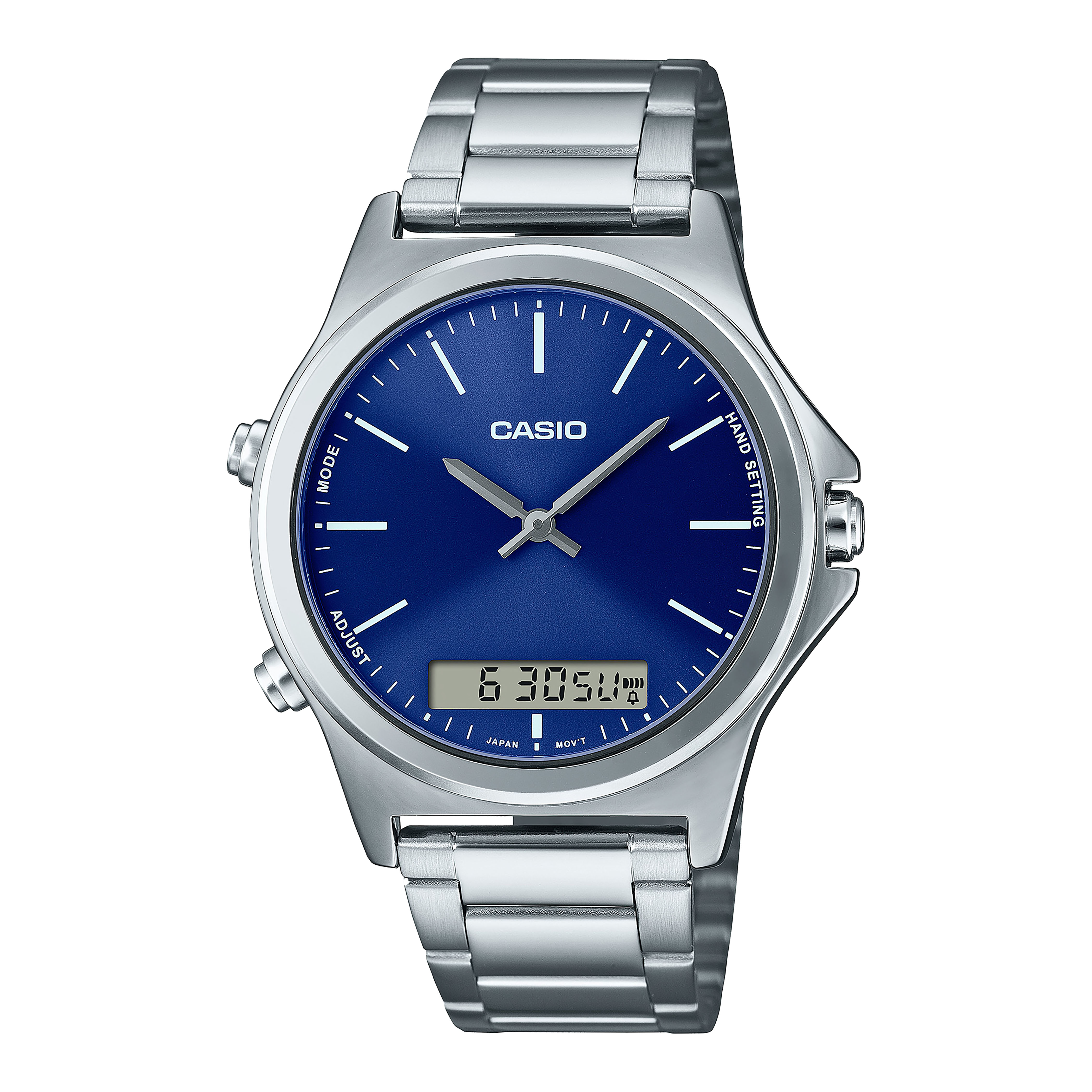 CASIO Anloq & digital รุ่น MTP-VC01D-2EUDF สองระบบ เข็ม ดิจิตอล สีเงิน หน้าปัดสีน้ำเงิน สายสแตนเลส สินค้าของเเท้ รับประกันสูนย์ CMG 1 ปี