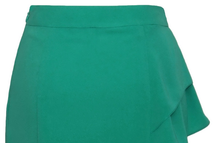 SK-084 กระโปรงทรงสอบ ผ้าคริสตัลสีเขียวมิ้นท์สีเขียวมิ้นท์ ด้านหน้า-ด้านข้างกระโปรงแต่งระบายไล่ระดับ