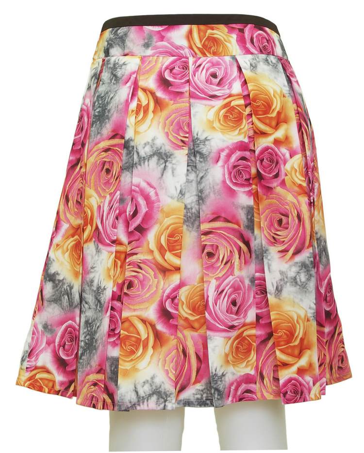 SK-090 กระโปรงแฟชั่น&ทำงาน ทรงบาน ผ้าพิมพ์ลายดอกกุหลาบสีชมพูเหลือง