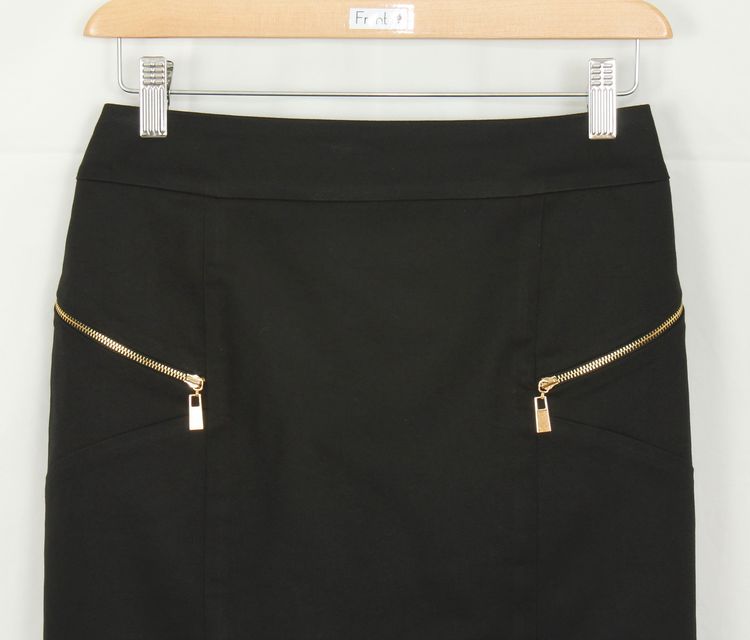 SK-120 กระโปรงแฟชั่น&ทำงาน ทรงสอบแต่งด้วยซิปฟันทอง ผ้าคอตต้อนญี่ปุ่นผสมสเปนเดกสีดำ