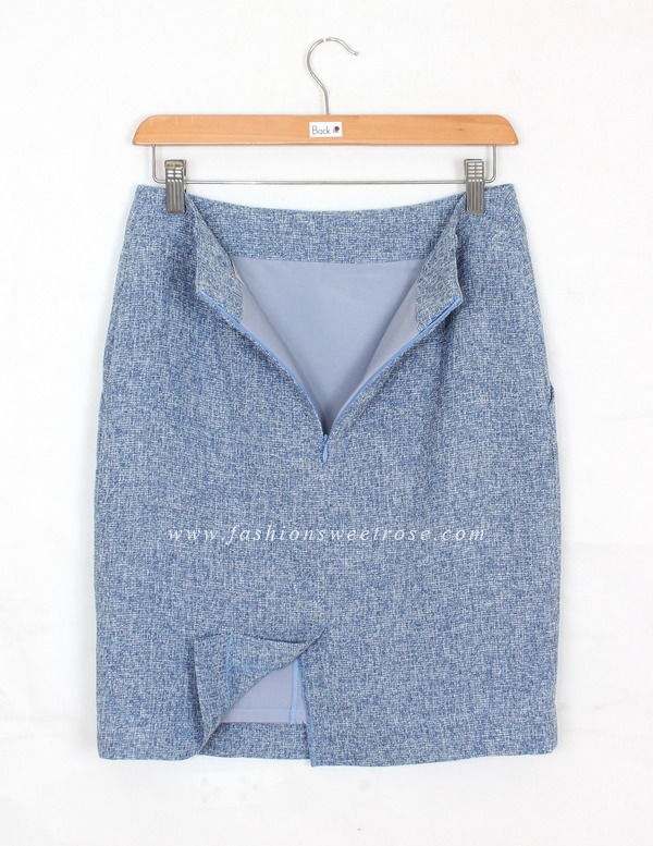 SK-429 กระโปรงแฟชั่น&ทำงาน ทรงสอบ ผ้า CHANEL สีฟ้า มีกระเป๋าล้วง 2 ข้าง
