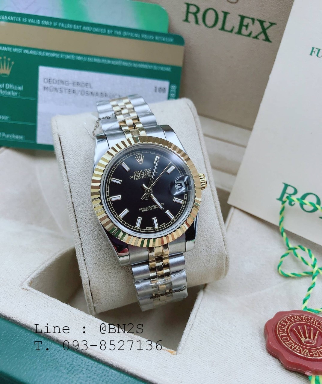 ROLEX DATEJUST Watch ตัวเรือนเงิน หน้าปัดดำ ขอบทอง 31 มม. มาพร้อมกล่องครบชุดตามรูป