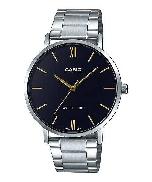 CASIO Standard รุ่น MTP-VT01D-1BUDF สีเงิน หน้าปัดดำ สายสแตนเลส สินค้าใหม่ ของแท้ รับประกันศูนย์ CMG