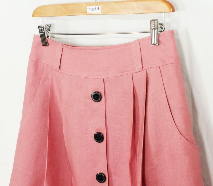 SK-192 กระโปรงแฟชั่น&ทำงาน ทรงบานผ้าลินินญี่ปุ่นสีชมพูพาสเทล มีกระเป๋าล้วงได้ 2 ข้าง