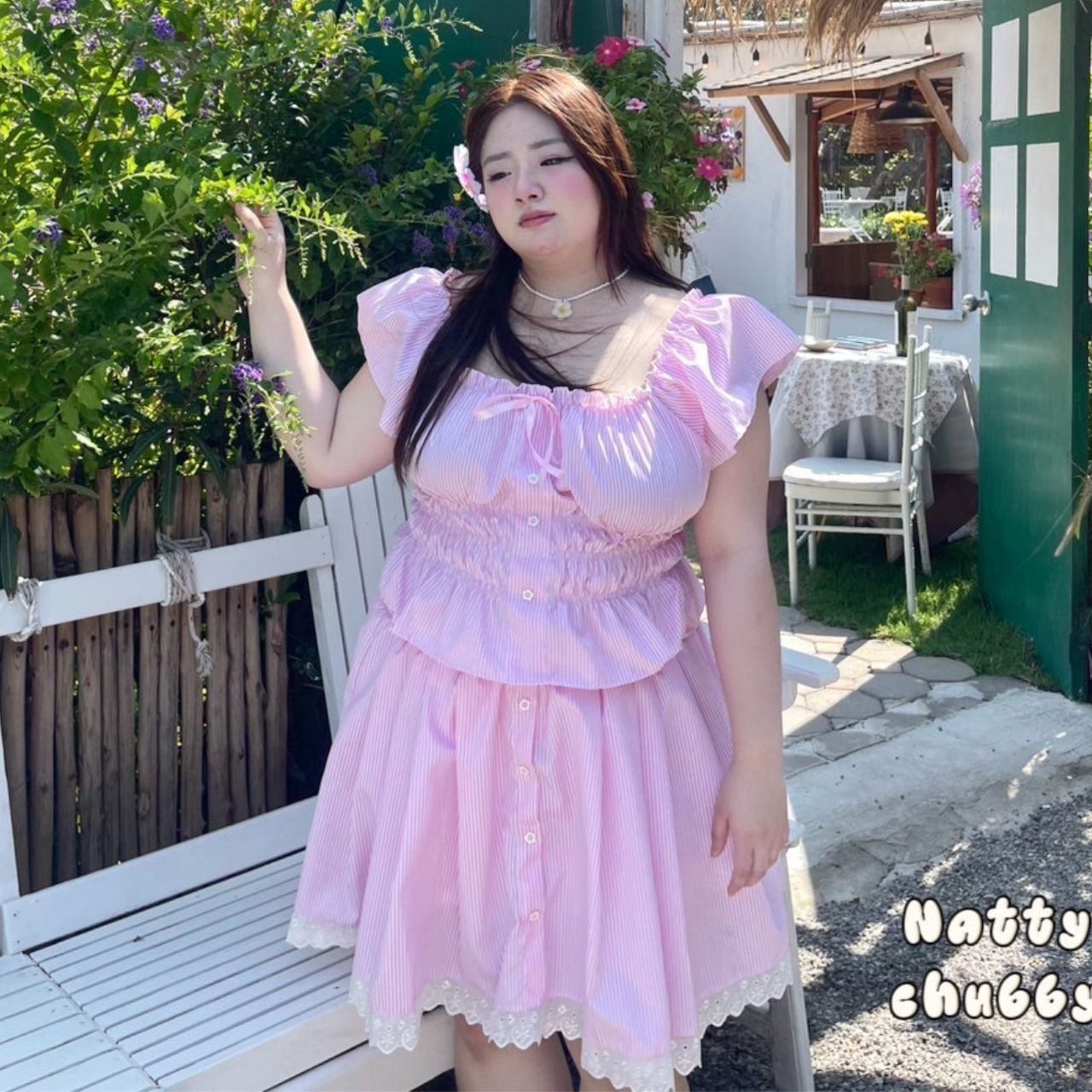 J111 ต้อนรับลมร้อน ชุดเซ็ท สาวอวบ 2 ชิ้น เสื้อ มาพร้อมกระโปรง ชมพู ฟ้า อกได้ถึง48 นิ้ว เอว34-42นิ้ว