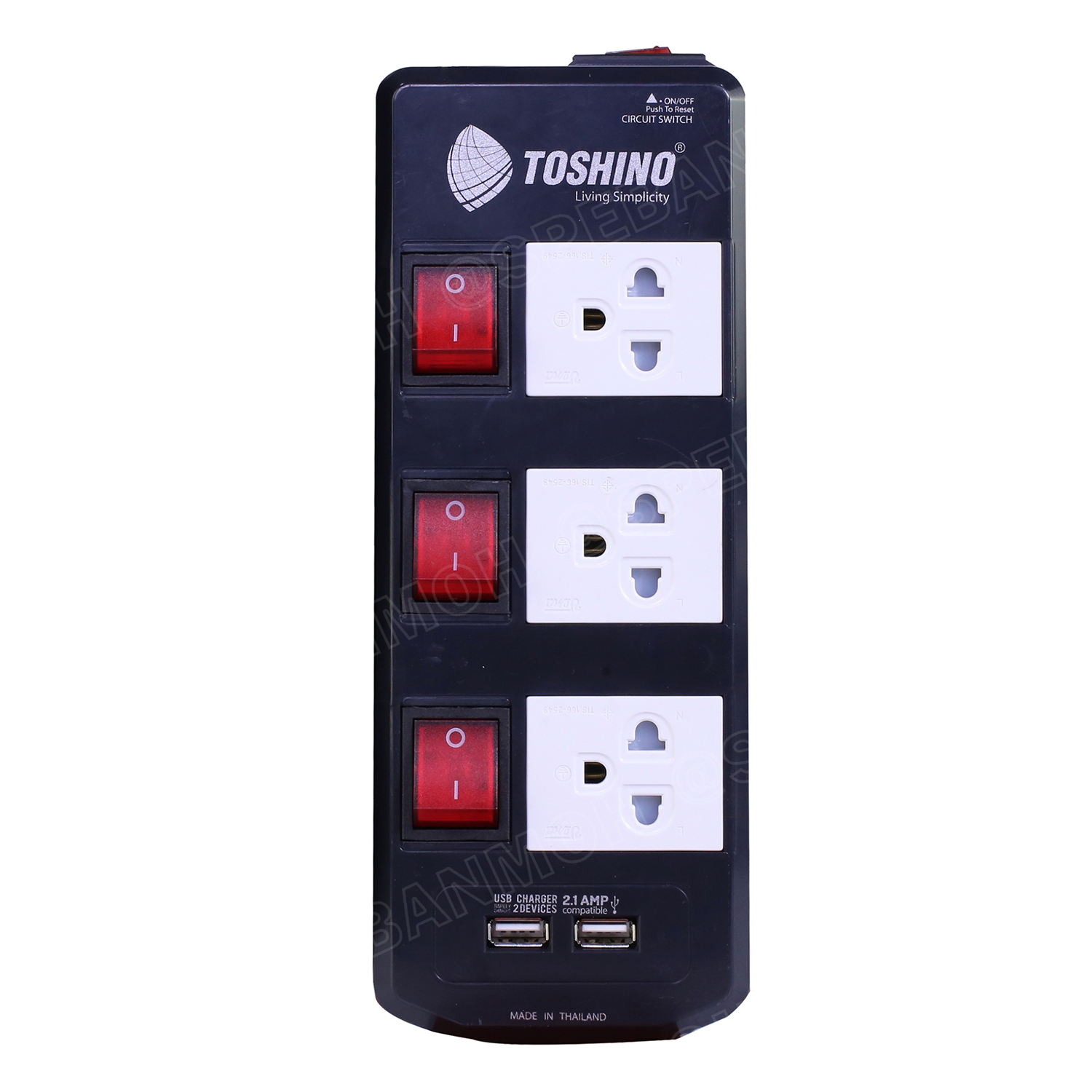 TIS315USB-5M ปลั๊กไฟ Toshino ปลั๊กพ่วง TOSHINO มาตรฐาน มอก. รางปลั๊กไฟ 3 ช่อง 3 สวิตซ์ 5 เมตร USB 2.1A TIS315USB 5เมตร สายขนาด 3Cx1.5 Sq.mm. ป้องกันกระแสไฟเกิน Double surge protecton ป้องกันไฟกระชากได้ 2 เท่า ม่านนิรภัย พลาสติก ไม่ลามไฟ