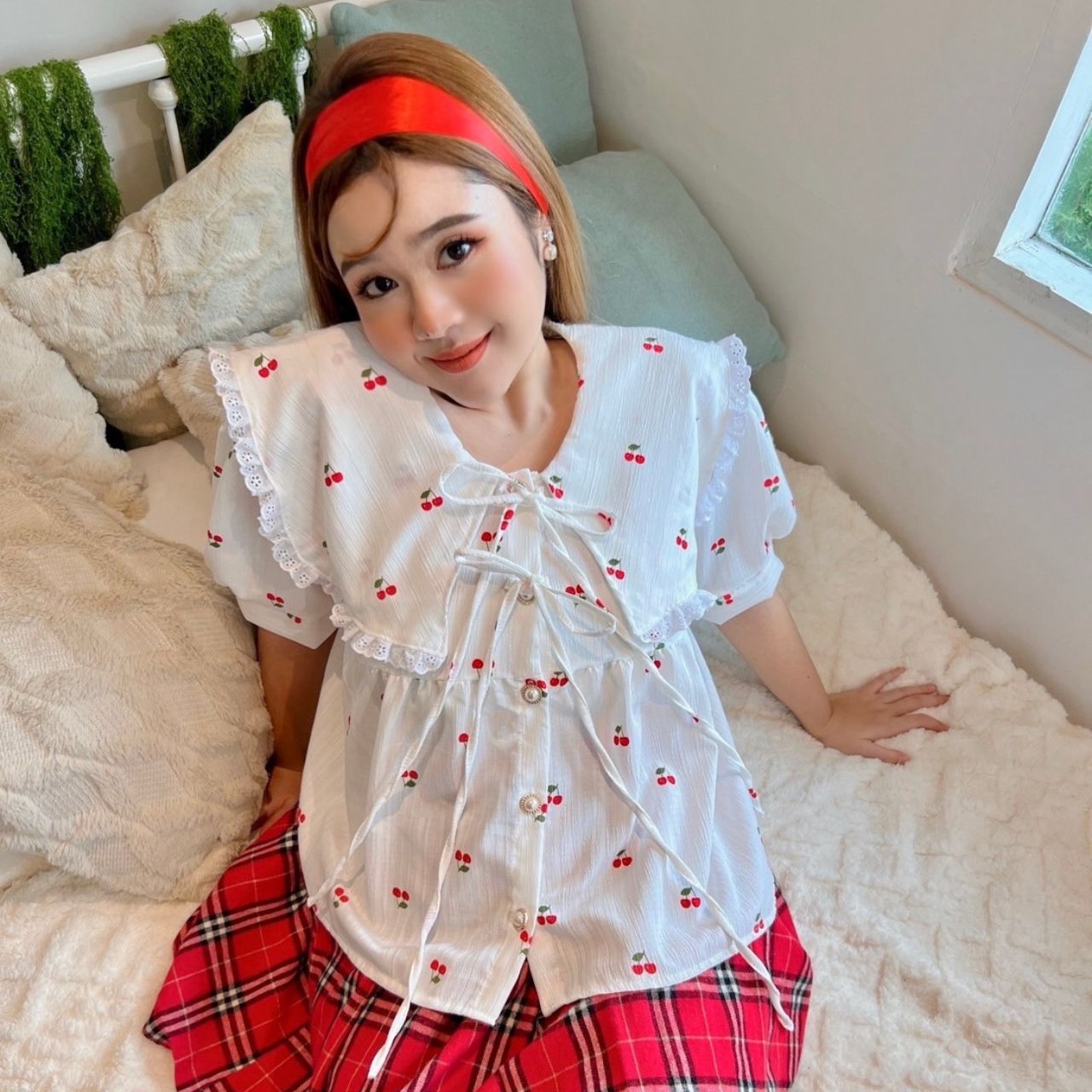 J101 เสื้อ สาวอวบ คอปกแต่งลูกไม้ ผ้าพิมพ์ลายเชอรี่ อกได้ถึง 50 นิ้ว (หน้าผ้า52นิ้ว)