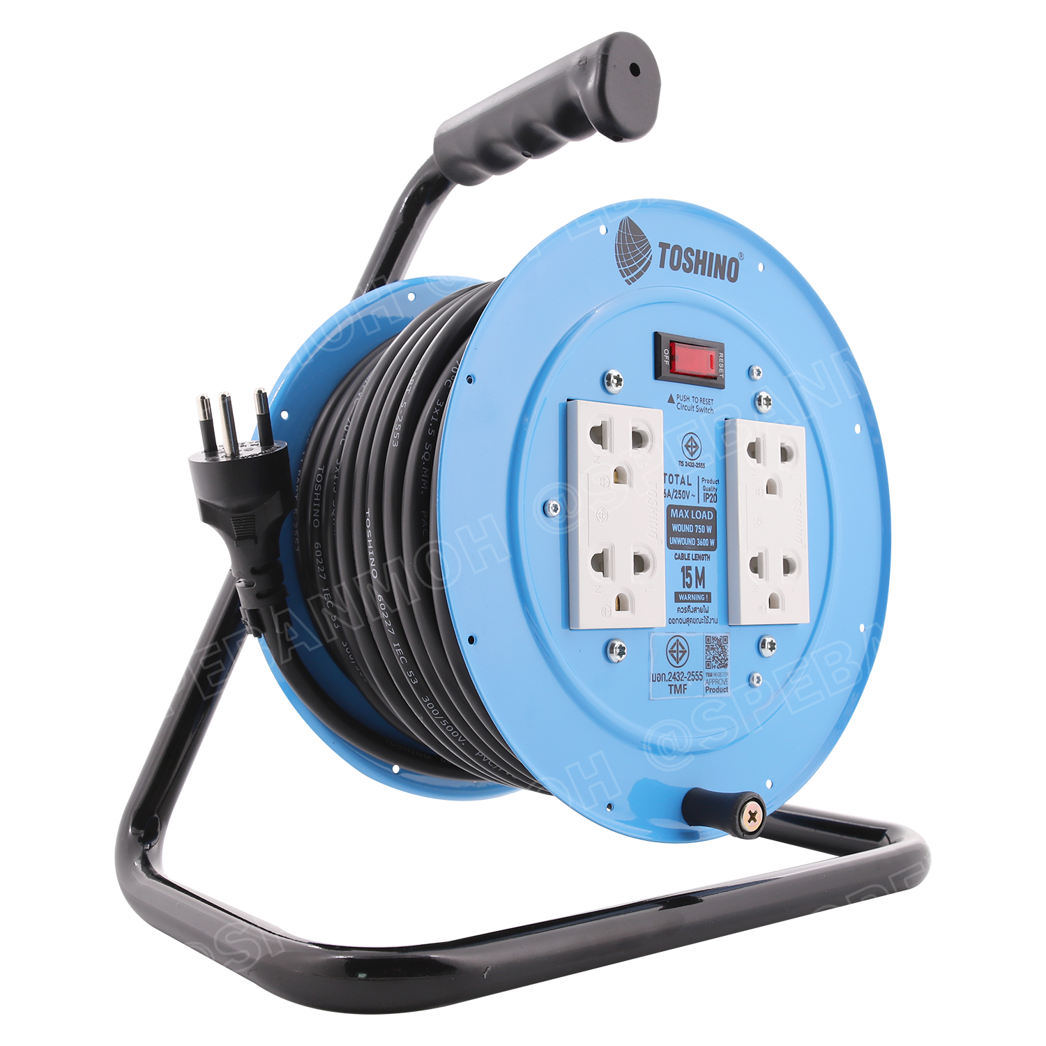 MN2-315T-15M ล้อไฟ Toshino ปลั๊กพ่วง Toshino ปลั๊กไฟ Toshino 16A 3600W MN2 315T 15M 15 เมตร ปลั๊กไฟแบบล้อ Toshino ยาว 15เมตร ล้อเก็บสายไฟ Toshino IP20 VCT 3 x 1.5 sq mm 15เมตร Toshino ระบบ ป้องกันกระแสไฟเกิน อัตโนมัติ ม่านนิรภัย มาตรฐานมอก