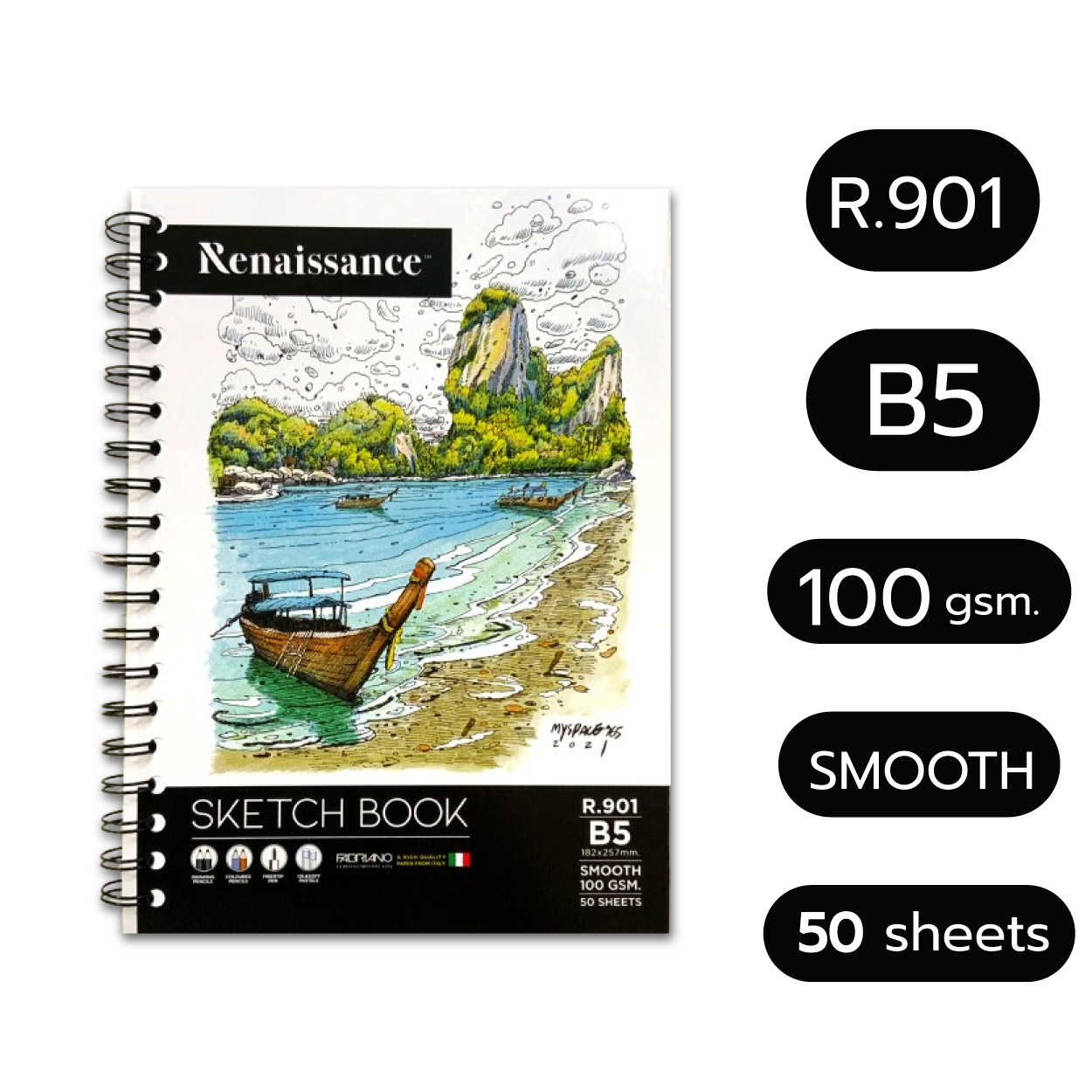 Renaissance & Fabriano สมุดสเก็ตช์ภาพ สมุดวาดภาพ สมุดสเก็ตซ์ 100 แกรม R.902 A4 / R.901 B5 ผิวเรียบ ริมลวด