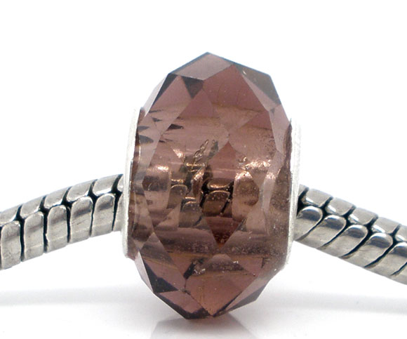 ลูกปัดแก้วสีน้ำตาลเม็ดกลมเหลี่ยมเจีย แกนเงิน ขนาด 14x9mm 10 เม็ด