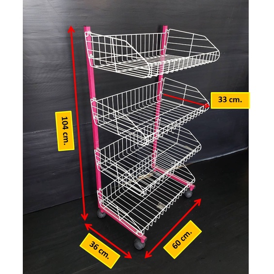 ชั้นตะกร้าขนม แบบ 4 ชั้น ขนาด 36x60x105cm. มีล้อเลื่อน ชั้นวางขนม ชั้นตะแกรง ชั้นตะกร้า ชั้นใส่ขนม ชั้นใส่ของ
