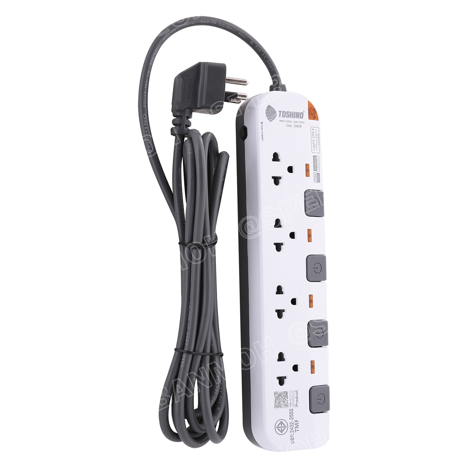 P4375-3M-WGS รุ่นพิเศษ หัวปลั๊กงอ 90 องศา ปลั๊กพ่วง Toshino P Series รางปลั๊กไฟ Toshino รุ่น P4375 3 เมตร 4ช่อง 4สวิตซ์ 3เมตร 250V 10A 2300W ระบบ Surge Protection ป้องกันไฟกระชาก Circuit Breaker ป้องกันไฟเกิน ผลิตจากวัสดุไม่ลามไฟ ม่านนิรภัย ป้องกันนิ้วมือ