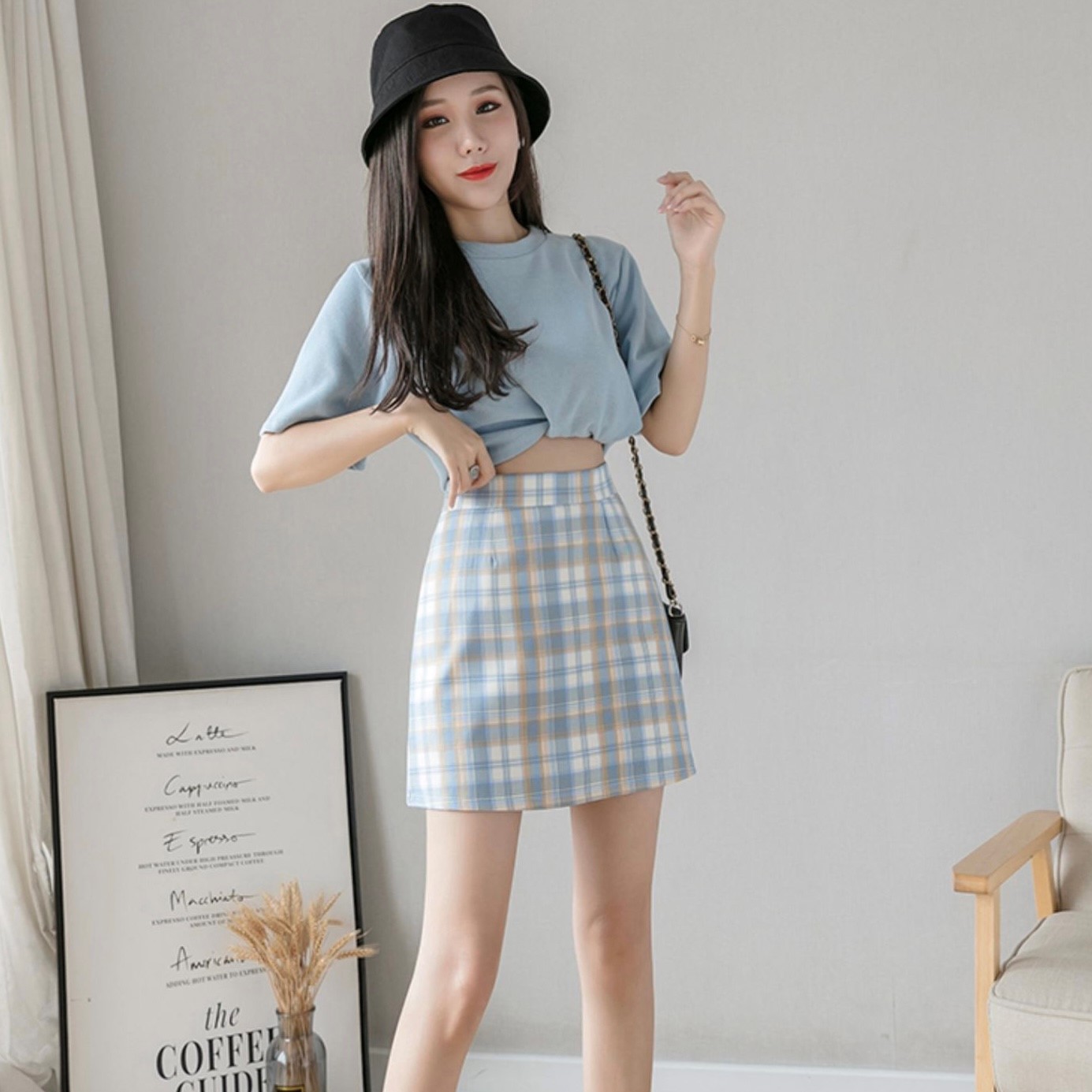 (Grid mini skirt ) กระโปรงสั้นลายสกอต มีซับใน
