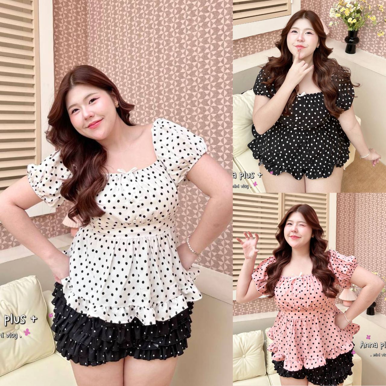 A231 เสื้อสาวอวบ Plus size ลายจุด แขนตุ๊กตา ดำ ขาว ชมพู อก 40-50นิ้ว