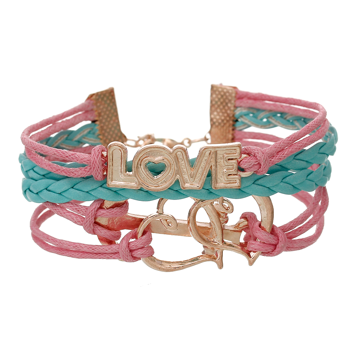 สร้อยข้อมือเชือกหนัง+เชือกเทียน สีชมพูฟ้าน้ำทะเล เชื่อมต่อด้วยเหล็กสีทองรูปหัวใจคู่ และคำว่า Love ขนาด 17cm(6 6/8). 1 เส้น