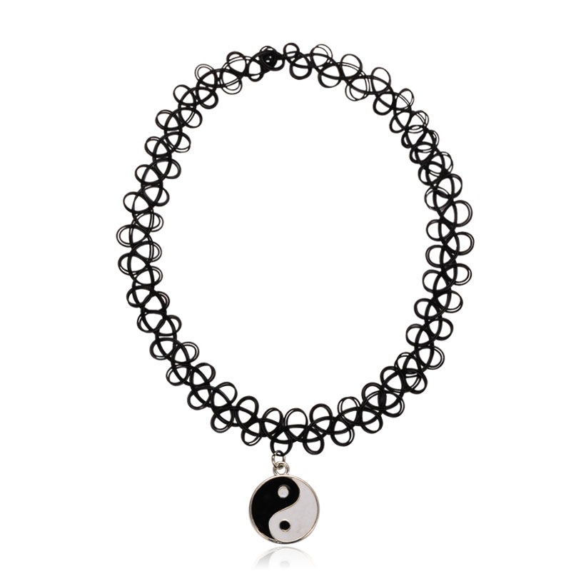 สร้อยคอ Tattoo Choker จี้เงินรูปหยินหยาง ใส่แล้วเหมือนมีรอยสักรอบคอ ยาว 64 cm 1 เส้น