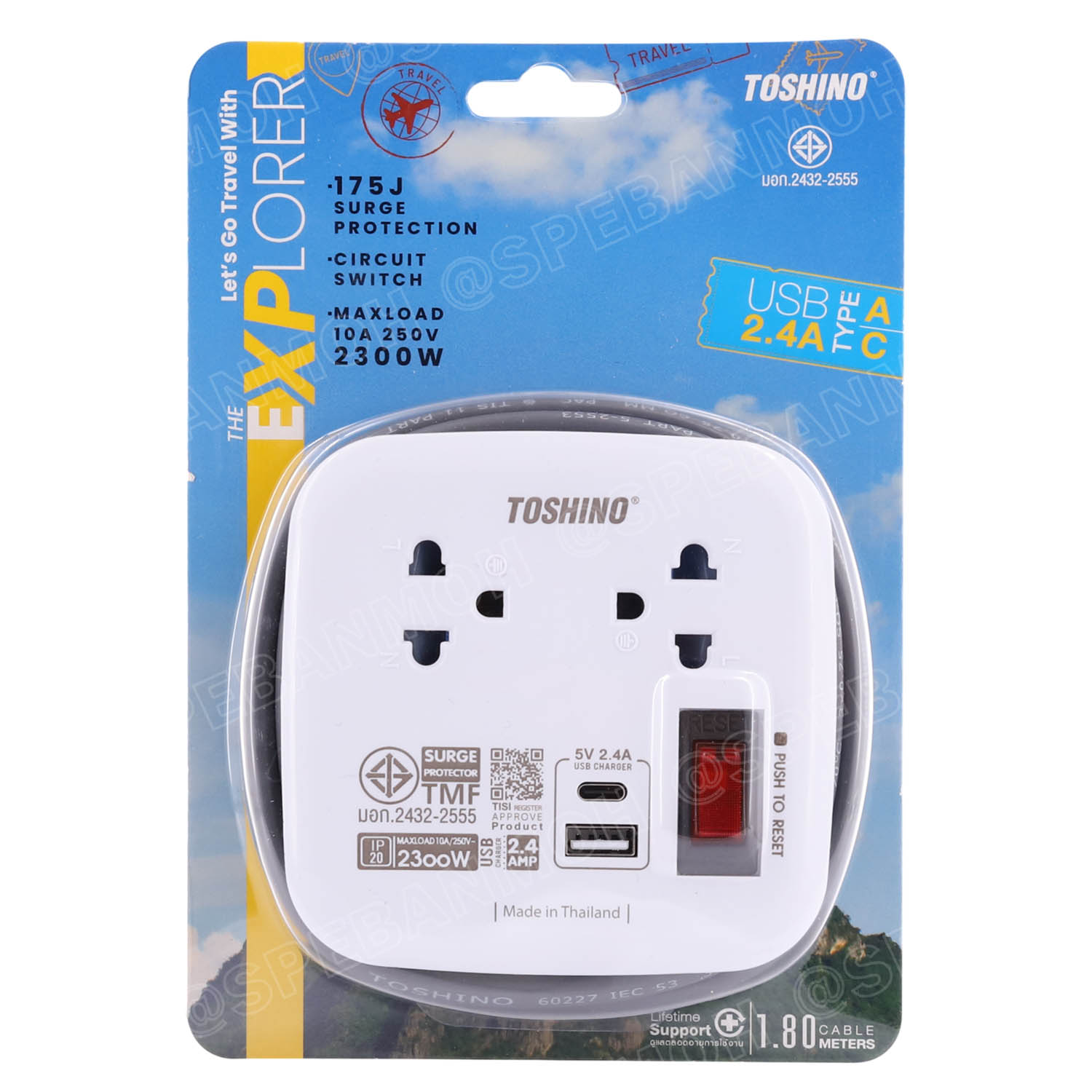 [ 1 ชิ้น ] XP-UC-1.8M รางปลั๊กม้วนเก็บสายได้ 2ช่อง + 2USB C+A สายยาว 1เมตร Toshino Power Strip 2300W 10A USB 2.4A Power Extension ปลั๊กไฟคุณภาพ ปลั๊กสามตา พร้อมสาย พร้อมท่องเที่ยว AC Extension TIS Toshino Power