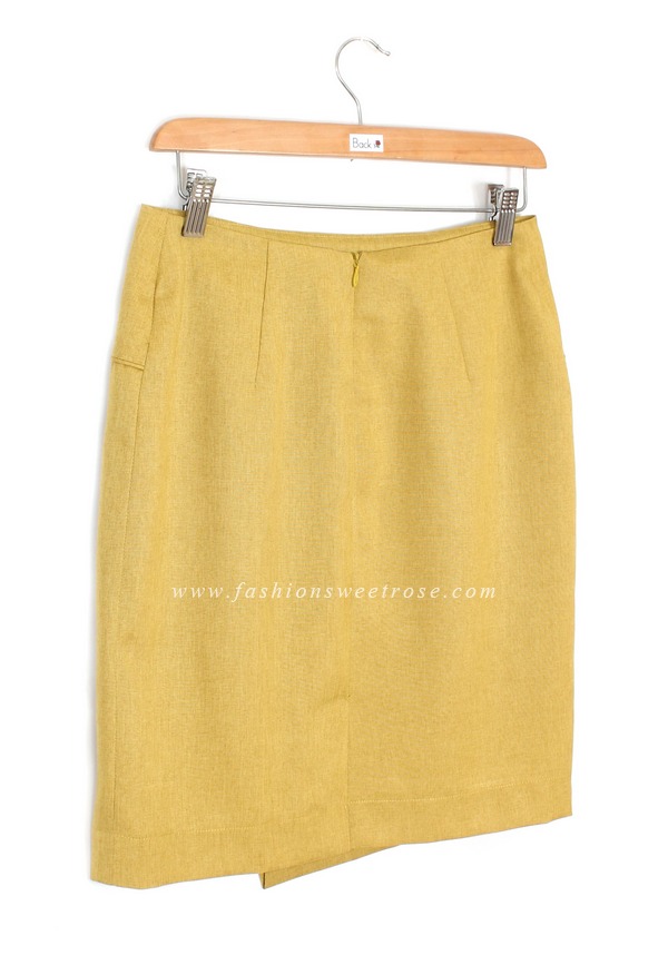 กระโปรงแฟชั่น&ทำงาน กระโปรงทรงสอบผ้าคอตต้อนลินินไอริสสีเหลืองมาสตาส ด้านหน้ากระโปรงดีไซน์ตัดต่อดูเรียบหรู / SK-428