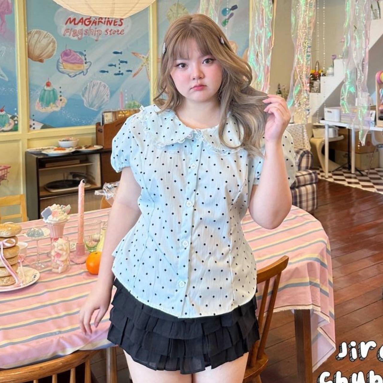 J139 เสื้อสาวอวบ ลายจุด แขนตุ๊กตา มีเชือกพูกหลัง ขาว ชมพู ฟ้า ดำ อกได้ถึง48นิ้ว หน้าผ้า50นิ้ว