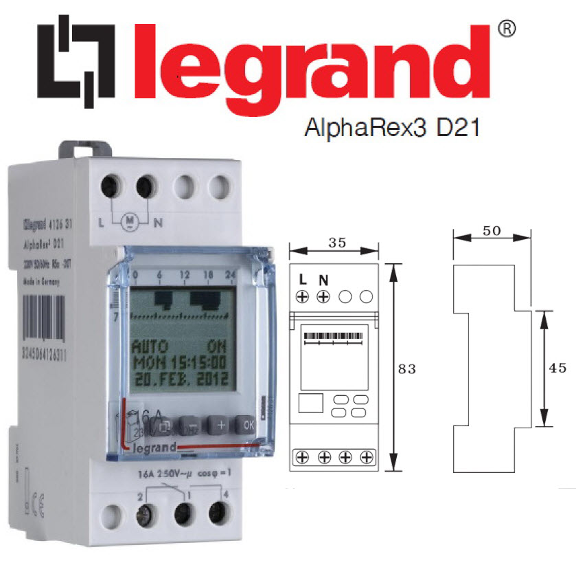 นาฬิกาตั้งเวลาแบบดิจิตอล PROGRAMABLE TIME SWITCH แบบ 24 ชั่วโมง/ 7 วัน, สูงสุด 84 โปรแกรม 56 โปรแกรมต่อแชนแนล (LEGRAND) AlphaRex3 D21 / D22