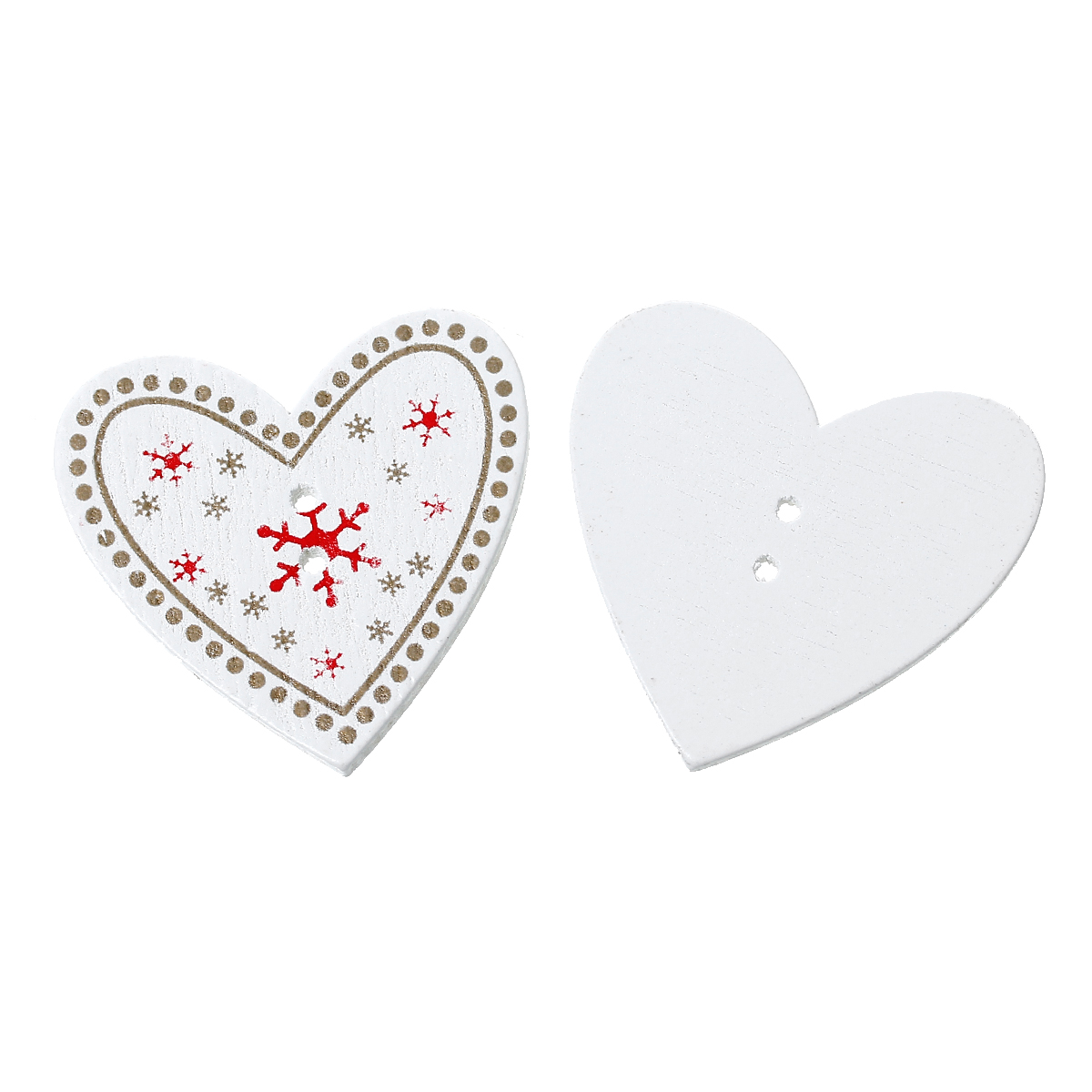 กระดุมไม้ 2 รูรูปหัวใจสีขาวเพ้นท์ลายsnowflake ขนาด 35x33mm. 10 เม็ด